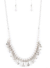 Load image into Gallery viewer, Infused with silver chain, silver pearls are threaded along an invisible wire below the collar. Matching silver pearls and glittery white rhinestones swing from the pearly strand, creating a flirtatious fringe below the collar. Features an adjustable clasp closure.  Sold as one individual necklace. Includes one pair of matching earrings.  Always nickel and lead free.