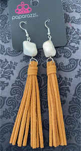Natural earthy earrings, soft brown suede tassels hang from a polished white sandstone. 3.5" in length.  Earring attaches to a standard fishhook fitting.  Sold as one pair of earrings.   Always nickel and lead free.  Fashion Fix April 2021 Exclusive