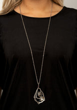 Load image into Gallery viewer, Varying in shape, mismatched geometric silver frames swing from the bottom of a lengthened silver chain. An oval smoky rhinestone, hematite teardrop rhinestone, and black gem sporadically embellish each frame while the largest frame is dusted in glassy white rhinestones for an elegant asymmetrical finish. Features an adjustable clasp closure.  Sold as one individual necklace. Includes one pair of matching earrings.  Always nickel and lead free.