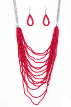Load image into Gallery viewer, Row after row of fiery red seed beads cascade down the chest, creating summery layers. Features an adjustable clasp closure.  Sold as one individual necklace. Includes one pair of matching earrings.