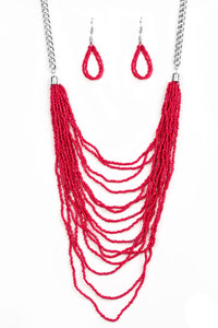Row after row of fiery red seed beads cascade down the chest, creating summery layers. Features an adjustable clasp closure.  Sold as one individual necklace. Includes one pair of matching earrings.