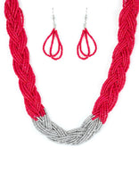 Load image into Gallery viewer, Strands of red seed beads create an indigenous braid below the collar. The red seed beads gradually morph into metallic silver beads at the center for a chic contrasting look. Features an adjustable clasp closure.  Sold as one individual necklace. Includes one pair of matching earrings.