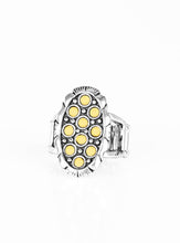 Load image into Gallery viewer, Dainty yellow stones are sprinkled across the front of a studded silver frame, creating a refreshing centerpiece atop the finger. Features a stretchy band for a flexible fit.  Sold as one individual ring.