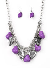 Load image into Gallery viewer, Purple faux rocks alternate with heart charms along a chunky silver chain. Hearts are inscribed with the phrase "With All My Heart" on one side and a short bible verse on the other that reads, "Love the Lord thy God with all your heart. Luke 10:27." Layers of various chains add some edge. Features an adjustable clasp closure.  Sold as one individual necklace. Includes one pair of matching earrings.