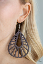 Load image into Gallery viewer, Brushed in a shiny brown finish, an ornate wooden teardrop swings from the ear for a seasonal look. Earring attaches to a standard fishhook fitting.  Sold as one pair of earrings.  