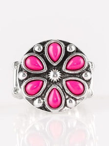 Vivacious pink beads are pressed into a studded silver frame, creating a colorful floral centerpiece atop the finger. Features a stretchy band for a flexible fit.  Sold as one individual ring. 