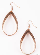 Load image into Gallery viewer, Scratched in shimmery textures, a glistening copper ribbon loops into a refined lure.  Earring attaches to a standard fishhook fitting.