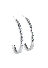 Load image into Gallery viewer, Featuring a concave surface, a glistening gunmetal ribbon is encrusted in a section of glassy blue, green, purple, and hematite rhinestones as it curves into a half-hoop. Earring attaches to a standard post fitting. Hoop measures approximately 1 1/4&quot; in diameter.  Sold as one pair of hoop earrings.