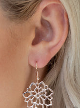 Load image into Gallery viewer, Brushed in a high-sheen finish, shimmery rose gold filigree bursts into an airy blossom for a seasonal look. Earring attaches to a standard fishhook fitting.  Sold as one pair of earrings.  Always nickel and lead free.