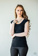 Load image into Gallery viewer, Necklace and Earrings:  Attached to doubled silver chains, refreshing turquoise stone frames whimsically link below the collar for a seasonal flair. Embossed in filigree details, an additional stone frame links at the center, creating an extended pendant. Features an adjustable clasp closure.  Bracelet:  Embossed in whimsical filigree, ornate silver frames link with a collection of refreshing turquoise stone frames around the wrist for a seasonal flair. Features an adjustable clasp closure.