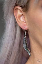 Load image into Gallery viewer, Etched in lifelike textures, the spine of a silver feather is encrusted in glittery hematite rhinestones for an edgy look. Earring attaches to a standard fishhook fitting.  Sold as one pair of earrings. Always nickel and lead free.