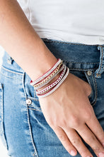 Load image into Gallery viewer, Glassy white and smoky rhinestones are encrusted along strands of red suede. Glistening silver and gold chains are added to the bands, adding edgy industrial shimmer to the sassy palette. Features an adjustable snap closure.  Sold as one individual bracelet.   Always nickel and lead free.  Item #P9DI-URRD-035XX