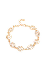 Load image into Gallery viewer, A combination of teardrop and round frames encrusted in white rhinestones link together and delicately mingle around the wrist. The subtle tone-on-tone approach adds dimension and a vintage flair. Features an adjustable clasp closure.