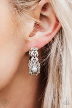 Load image into Gallery viewer, Dotted in shimmery silver textures, a frilly filigree hoop swings from the ear in a refined fashion. A pearly silver bead adorns the center of the hoop for a glamorous finish. Earring attaches to a standard post fitting. Hoop measures 1&quot; in diameter.  Sold as one pair of hoop earrings.     Fiercely 5th Avenue Fashion Fix June 2018   