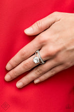 Load image into Gallery viewer, An oversized white rhinestone dots the center of a dainty silver band, as a second band lined with glittery white rhinestones runs parallel, resulting in a glamorously stacked look. Features a dainty stretchy band for a flexible fit.  Sold as one individual ring.  Fiercely 5th Avenue March 2020 Always nickel and lead free.