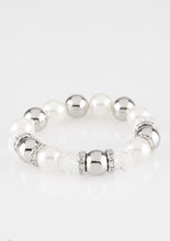 Load image into Gallery viewer, Over-sized silver, crystal-like, and pearly white beads are threaded along a stretchy elastic band and wrapped around the wrist for a glamorous look. White rhinestone encrusted rings are sprinkled between the dramatic beads for a sparkling finish.  Sold as one individual bracelet.