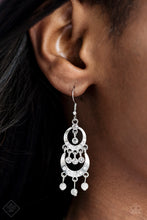 Load image into Gallery viewer, Encrusted in glittery white rhinestones, dainty silver frames link into a hinged lure. Glassy white rhinestones and frosty moonstones swing from the bottoms of each shimmery silver frame, creating a refined fringe that demands attention. Earring attaches to a standard fishhook fitting.  Sold as one pair of earrings.    Fiercely Fifth Avenue Fashion Fix February 2019  Always nickel and lead free.