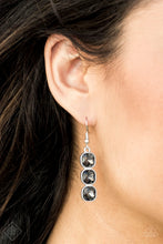 Load image into Gallery viewer, Pressed into sleek silver frames, three square smoky gems stack into an elegantly linear lure for a timeless look. Earring attaches to a standard fishhook fitting.