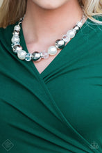 Load image into Gallery viewer, Oversized silver, crystal-like, and pearly white beads are threaded along an invisible wire below the collar for a glamorous look. White rhinestone encrusted rings are sprinkled between the dramatic beads for a sparkling finish. Features an adjustable clasp closure.  Sold as one individual necklace. Includes one pair of matching earrings   Fiercely 5th Avenue Fashion Fix October 2018  Always nickel and lead free.