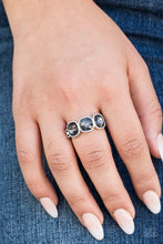 Load image into Gallery viewer, Pressed into sleek silver frames, three square smoky gems stack into a linear band across the finger for a timeless style. Features a dainty stretchy band for a flexible fit.
