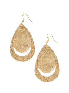 Brushed in a metallic gold finish, sparkling leather teardrops drip from the ear, coalescing into a trendy lure. Earring attaches to a standard fishhook fitting.  Sold as one pair of earrings.