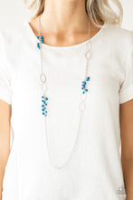 Load image into Gallery viewer, Smooth and hammered silver rings join clusters of refreshing blue beads along a shimmery silver chain for a colorful look. Features an adjustable clasp closure.  Sold as one individual necklace. Includes one pair of matching earrings.  Always nickel and lead free.