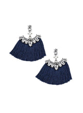 Load image into Gallery viewer, A solitaire marquise -cut rhinestone gives way to a plume of shiny blue thread crowned in a matching rhinestone encrusted fringe for a glamorous look. Earring attaches to a standard post fitting.  Sold as one pair of post earrings.