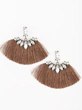 Load image into Gallery viewer, A solitaire marquise-cut rhinestone gives way to a plume of shiny brown thread crowned in a matching rhinestone encrusted fringe for a glamorous look. Earring attaches to a standard post fitting.  Sold as one pair of post earrings.