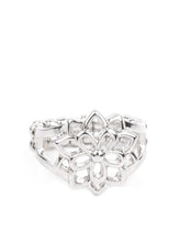 Load image into Gallery viewer, A bloom of silver petals layer one over the other with the gentle reminder to breathe deep and tap into your inner goddess. Features a dainty stretchy band for a flexible fit.