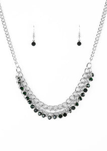 A fringe of glittery green rhinestones swings from the bottom of a bold silver chain below the collar for a fierce look. Features an adjustable clasp closure.  Sold as one individual necklace. Includes one pair of matching earrings.  Always nickel and lead free.