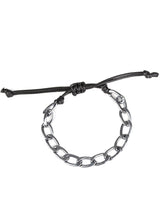 Load image into Gallery viewer, Shiny black cording knots around the ends of a gunmetal beveled cable chain that is wrapped across the top of the wrist for a versatile look. Features an adjustable sliding knot closure.  Sold as one individual bracelet.