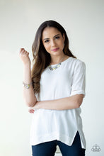 Load image into Gallery viewer, Featuring an array of floral patterns, a collection of silver hearts swings from the bottom of a shimmery silver chain. Alternating charms are brushed in a sunny yellow finish, creating a colorful fringe below the collar.