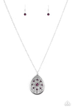 Load image into Gallery viewer, A dramatic teardrop pendant swings from the bottom of an elongated silver chain, elegantly slimming the torso. Glittery purple rhinestones are sprinkled along the pendant as silver filigree dances across the center, creating a regal floral pattern. Features an adjustable clasp closure. Sold as one individual necklace. Includes one pair of matching earrings.