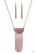 Load image into Gallery viewer, Embossed in radiating sunburst patterns, a tribal inspired pendant swings from the bottom of a glistening copper chain for a seasonal look. Dainty copper chains stream from the bottom of the crescent-shaped pendant, adding a wanderlust vibe to the indigenous look. Features an adjustable clasp closure.  Sold as one individual necklace. Includes one pair of matching earrings.