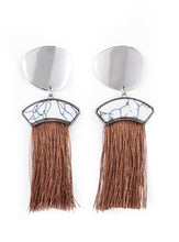 Load image into Gallery viewer, A plume of shiny brown thread streams from the bottom of a white stone frame that links with an asymmetrical silver disc, creating flirtatious tassel. Earring attaches to a standard post fitting.  Sold as one pair of post earrings.
