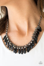 Load image into Gallery viewer, Faceted black teardrops and glistening gunmetal beads swing from the bottom of interlocking gunmetal chains, creating a spunky fringe below the collar. Features an adjustable clasp closure.  Sold as one individual necklace. Includes one pair of matching earrings.  Always nickel and lead free.