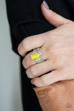 Load image into Gallery viewer, Glittery white rhinestones and glowing yellow moonstone are sprinkled across the finger, coalescing into a whimsical band. Features a stretchy band for a flexible fit.  Sold as one individual ring.  Exclusive Summer 2019 Party Pack Item   Always nickel and lead free.
