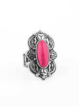 Load image into Gallery viewer, Embossed in lotus, sunset, and bold tribal inspired details, a scalloped silver frame nestles around a vivacious pink stone center for a colorful seasonal flair. Features a stretchy band for a flexible fit.  Sold as one individual ring.
