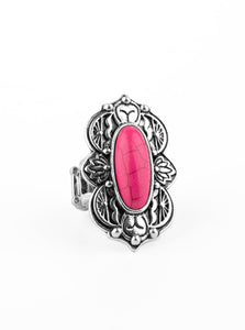 Embossed in lotus, sunset, and bold tribal inspired details, a scalloped silver frame nestles around a vivacious pink stone center for a colorful seasonal flair. Features a stretchy band for a flexible fit.  Sold as one individual ring.
