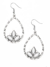 Load image into Gallery viewer, Shiny gray beads adorn the bottom of a hammered silver teardrop, coalescing into a whimsical lotus pattern. Dainty white rhinestones flank the shiny beads for a refined finish. Earring attaches to a standard fishhook fitting.  Sold as one pair of earrings.