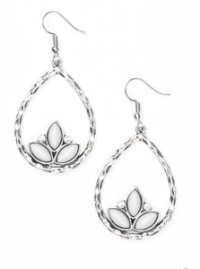 Shiny gray beads adorn the bottom of a hammered silver teardrop, coalescing into a whimsical lotus pattern. Dainty white rhinestones flank the shiny beads for a refined finish. Earring attaches to a standard fishhook fitting.  Sold as one pair of earrings.