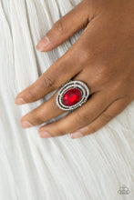 Load image into Gallery viewer, A glittery red gem sits atop stacked silver frames radiating with glassy white rhinestones for a timeless look. Features a stretchy band for a flexible fit.  Sold as one individual ring.