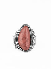 Load image into Gallery viewer, An asymmetrical brown stone is nestled inside of an ornate silver frame flanked by silver swirling frames and dainty silver feather charms for a whimsical look. Features a stretchy band for a flexible fit.  Sold as one individual ring.