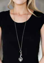 Load image into Gallery viewer, Infused with pink cat's eye accents, a dainty silver heart, rectangular frame stamped with "love", and a locket-like heart stamped with the word "mom", collect at the bottom of a silver chain for a vintage inspired look. Features an adjustable clasp closure.  Sold as one individual necklace. Includes one pair of matching earrings.