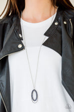 Load image into Gallery viewer, Ringed in a studded silver frame, glittery blue and white rhinestones collect into a glamorous pendant at the bottom of a lengthened silver chain for a refined flair. Features an adjustable clasp closure.  Sold as one individual necklace. Includes one pair of matching earrings.  Always nickel and lead free.