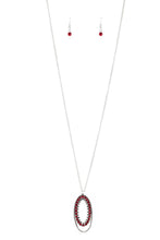 Load image into Gallery viewer, Necklace Set:  Ringed in a studded silver frame, glittery red and hematite rhinestones collect into a glamorous pendant at the bottom of a lengthened silver chain for a refined flair. Features an adjustable clasp closure.  Bracelet:  Ringed in a studded silver frame, glittery red and hematite rhinestones collect into a glittery lure for a refined flair. Earring attaches to a standard fishhook fitting.  Sold as one individual necklace, set of earrings, and bracelet.