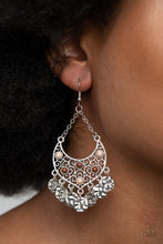 Load image into Gallery viewer, Dotted with dainty brown and Almond Oil beads, a shimmery backdrop of vine-like filigree coalesces into an airy frame. Suspended by two dainty silver chains, the whimsical frame gives way to a fringe of hammered silver discs for a musical finish. Earring attaches to a standard fishhook fitting.  Sold as one pair of earrings.  Always nickel and lead free.