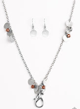 Load image into Gallery viewer, Delicately hammered in blinding shimmer, glittery silver discs join brown crystal-like beading along a shiny silver chain for a whimsical look. A lobster clasp hangs from the bottom of the design to allow a name badge or other item to be attached. Features an adjustable clasp closure.  Sold as one individual lanyard. Includes one pair of matching earrings.