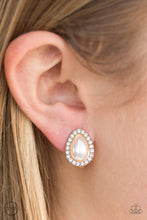 Load image into Gallery viewer, Glittery white rhinestones spin around a pearly teardrop center, creating a timeless palette. Earring attaches to a standard clip-on fitting.  Sold as one pair of clip-on earrings.  Always nickel and lead free.
