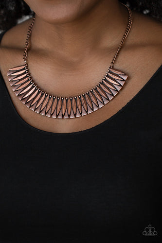 Infused with dainty copper studs, sleek geometric copper plates connect with hammered copper triangles, creating a fierce half-moon plate below the collar. Features an adjustable clasp closure.  Sold as one individual necklace. Includes one pair of matching earrings.  Always nickel and lead free.  
